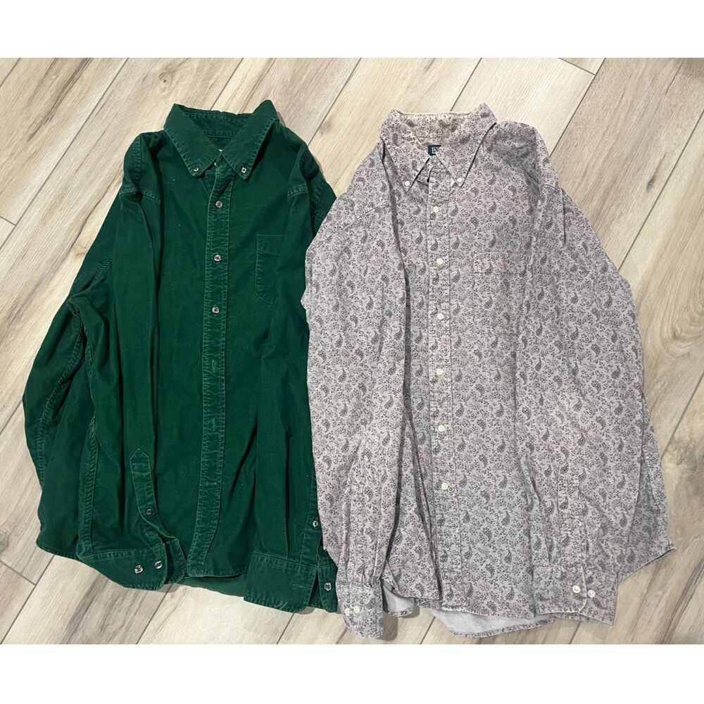 (2) Lands' End Corduroy Vintage Button Down Shirt Green Purple XL